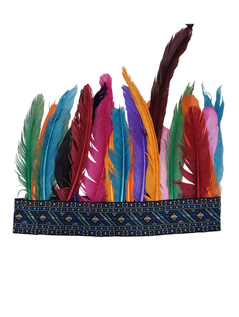 BookMyCostume Unisex Adivasi Tribal Dance Costume – Tiger Print Fur Material | One-Shoulder Outfit with Armlets & Multicolor Feather Headdress